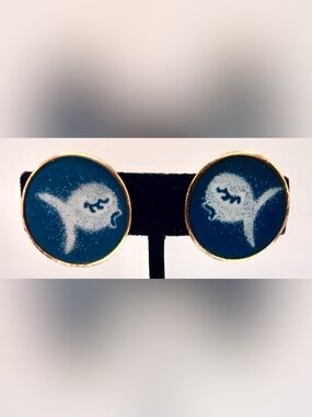 Vintage 60s Copper Enamel Screwback Earrings Blue White Mid Century